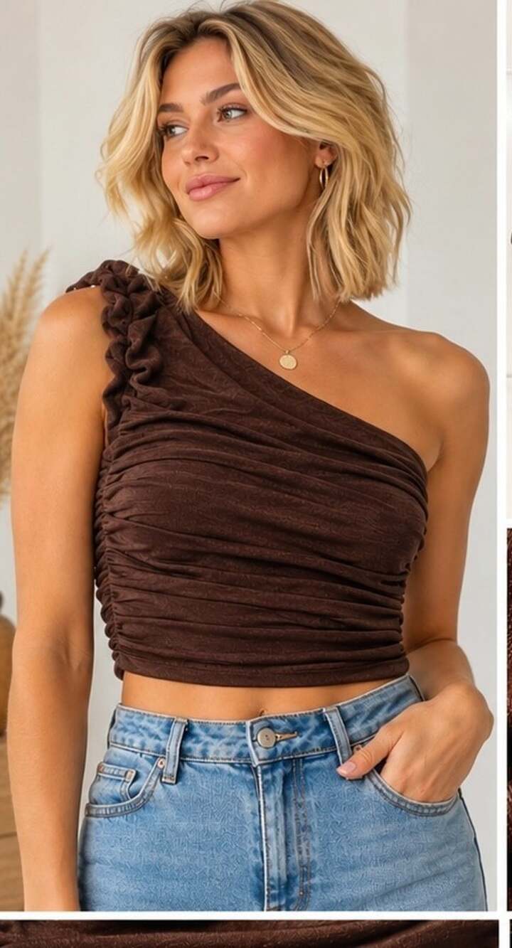 Womens Ruched One Shoulder crop top Brown M